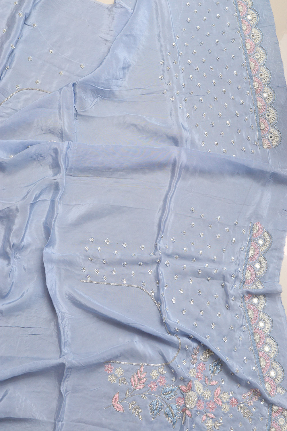 Powder Blue Hand Work Cutdana And Sequins Work Pure Organza Trendy Saree With Heavy Work Crepe Blouse - Luxurion World