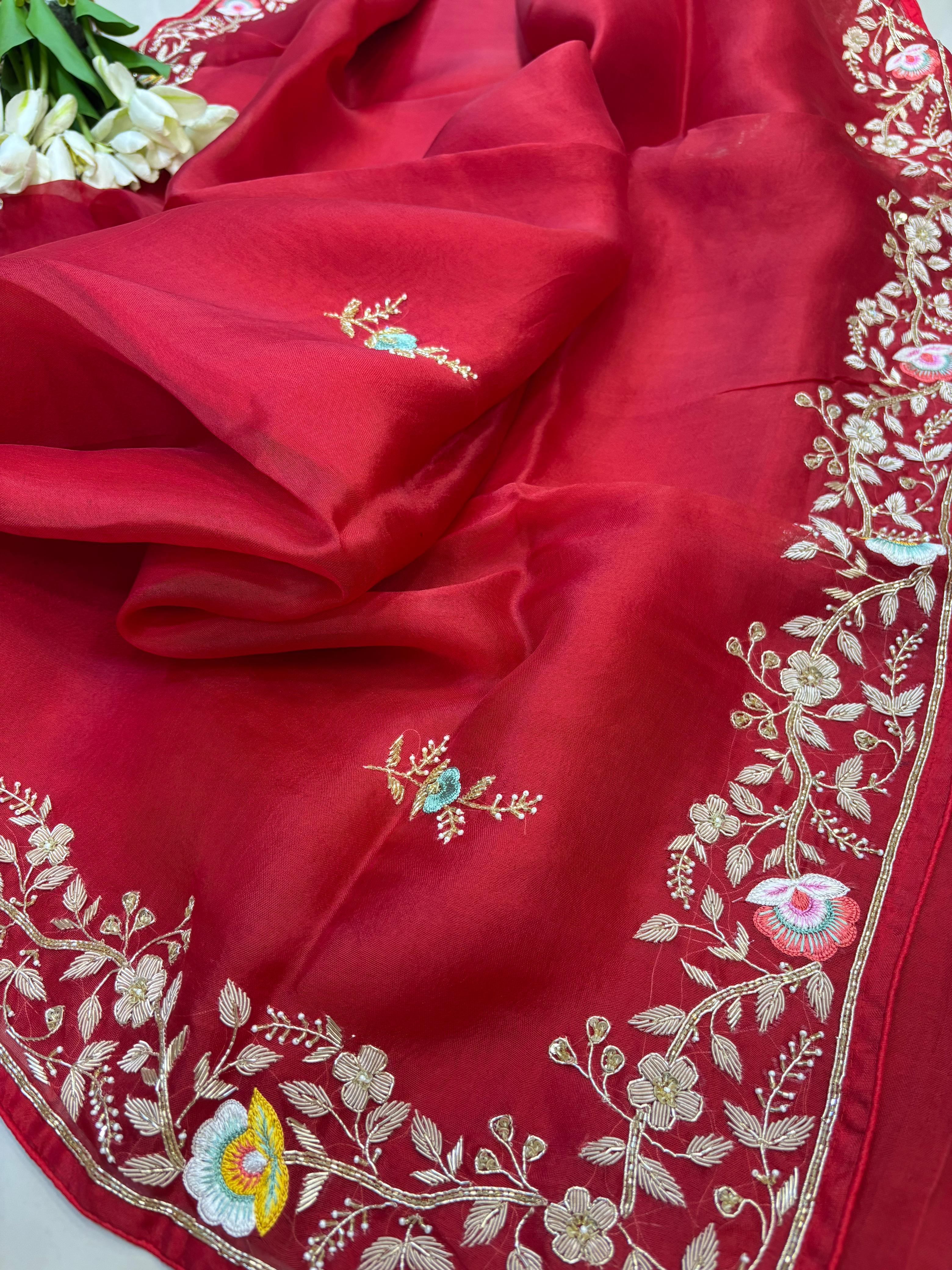 Red Hand Zardozi Work Pure Organza Trendy Saree With Heavy Work Crepe Blouse - Luxurion World