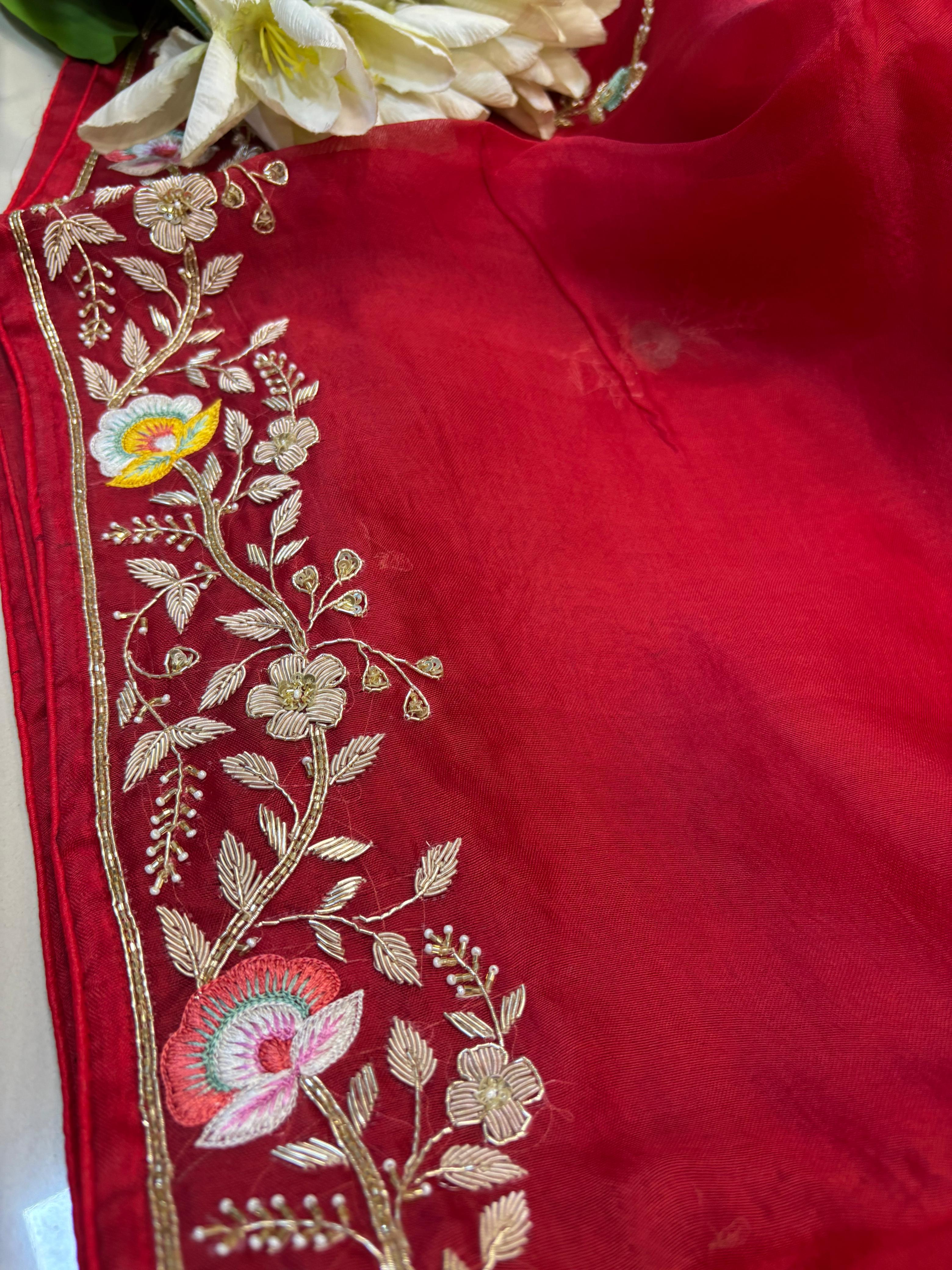 Red Hand Zardozi Work Pure Organza Trendy Saree With Heavy Work Crepe Blouse - Luxurion World