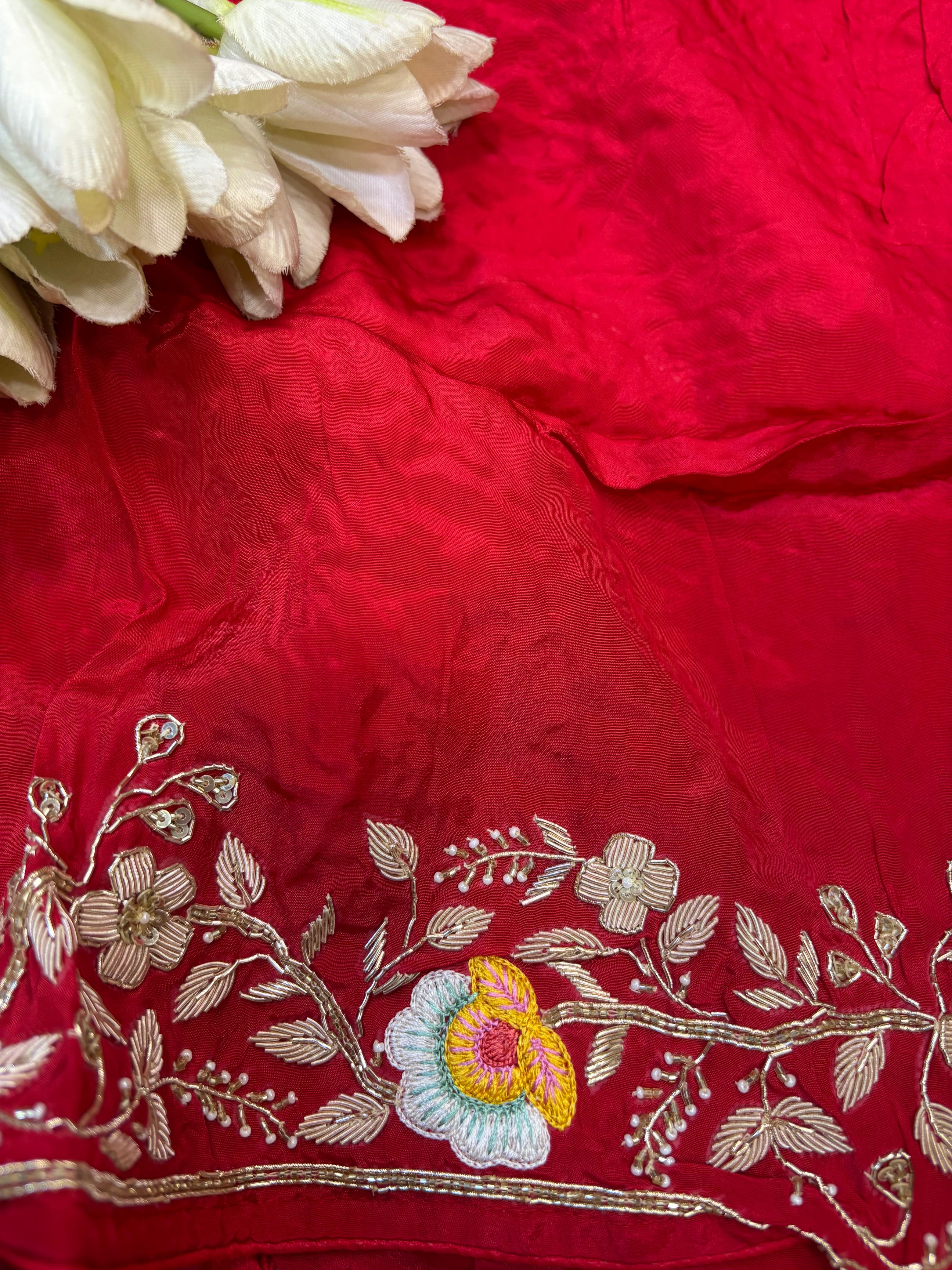 Red Hand Zardozi Work Pure Organza Trendy Saree With Heavy Work Crepe Blouse - Luxurion World