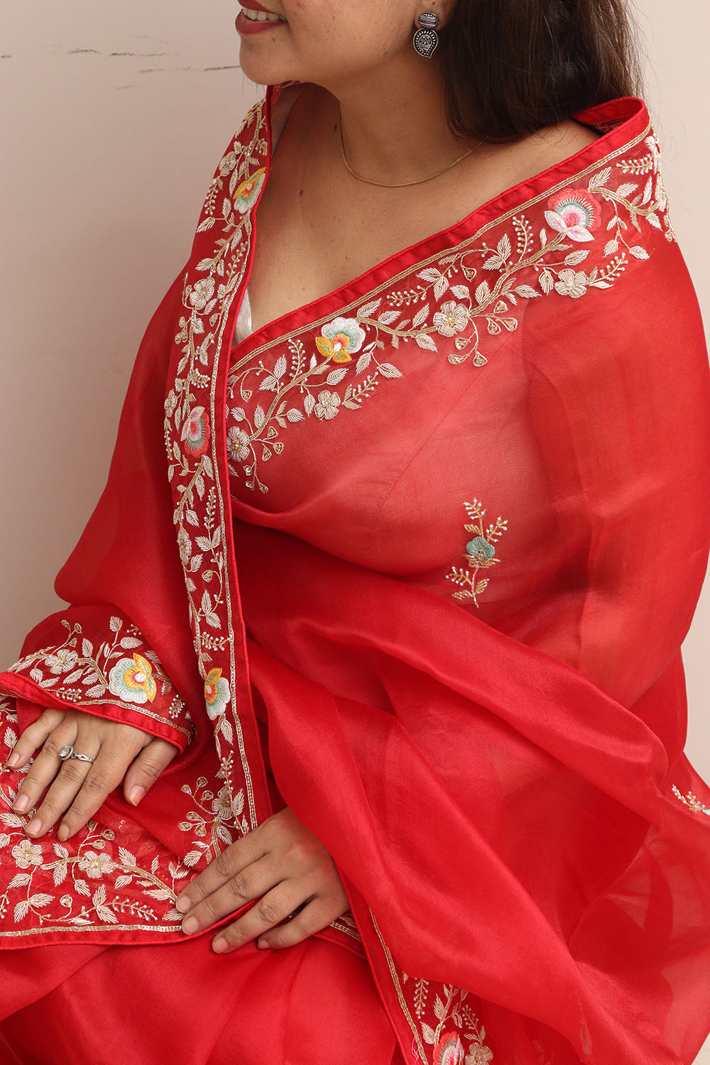 Red Hand Zardozi Work Pure Organza Trendy Saree With Heavy Work Crepe Blouse - Luxurion World