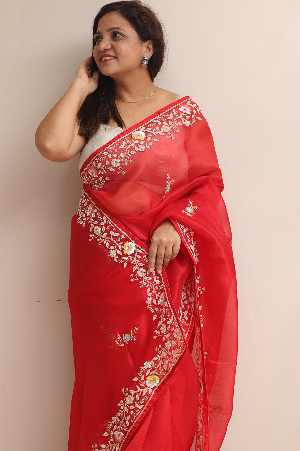 Red Hand Zardozi Work Pure Organza Trendy Saree With Heavy Work Crepe Blouse - Luxurion World