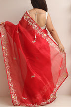 Red Hand Zardozi Work Pure Organza Trendy Saree With Heavy Work Crepe Blouse - Luxurion World