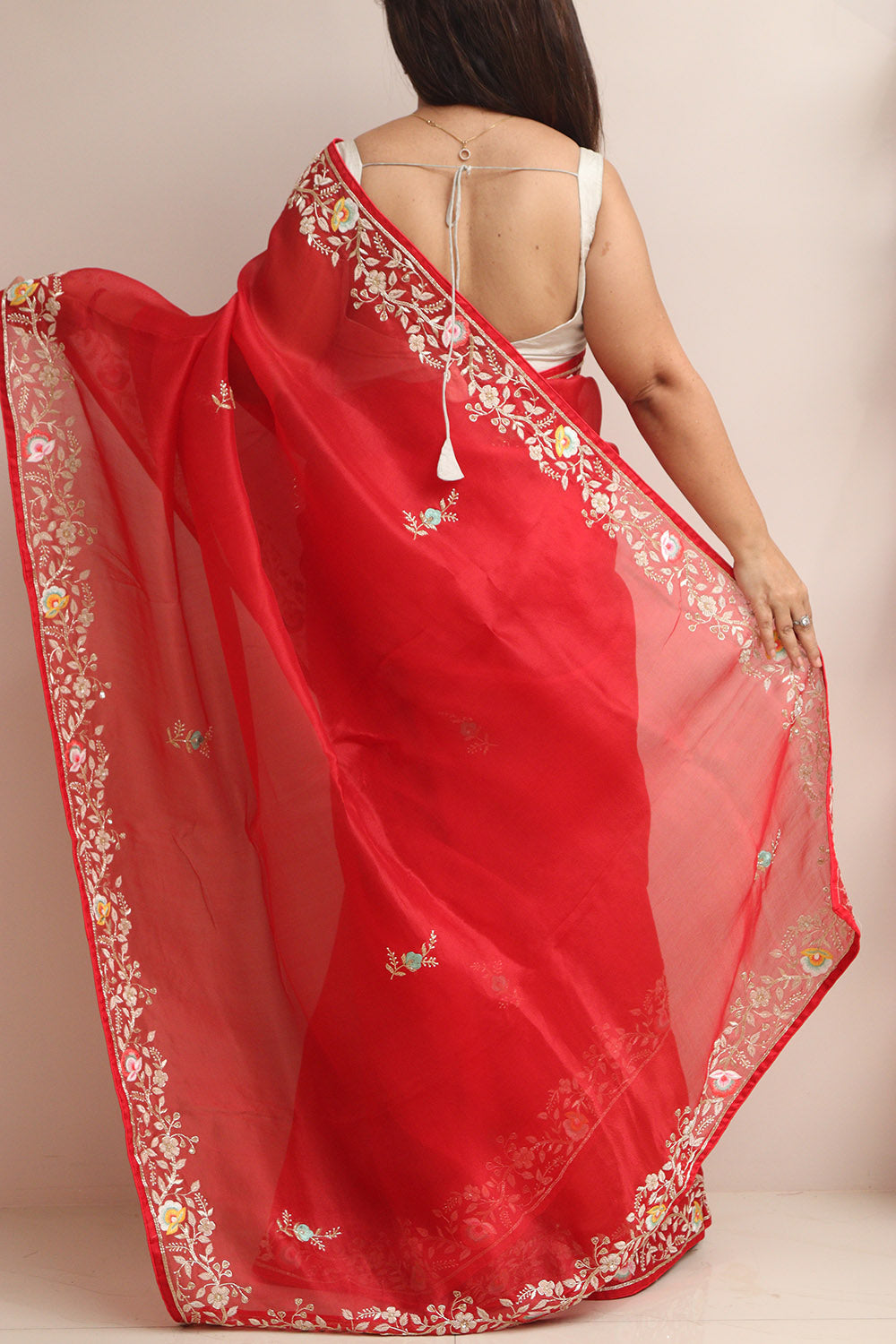 Red Hand Zardozi Work Pure Organza Trendy Saree With Heavy Work Crepe Blouse - Luxurion World