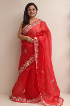 Red Hand Zardozi Work Pure Organza Trendy Saree With Heavy Work Crepe Blouse - Luxurion World
