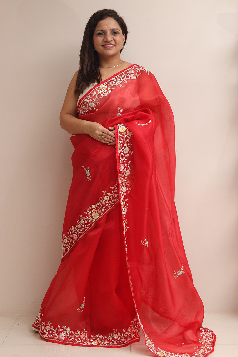 Red Hand Zardozi Work Pure Organza Trendy Saree With Heavy Work Crepe Blouse - Luxurion World