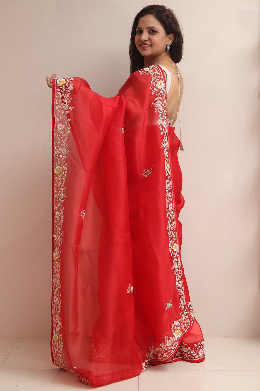 Red Hand Zardozi Work Pure Organza Trendy Saree With Heavy Work Crepe Blouse - Luxurion World