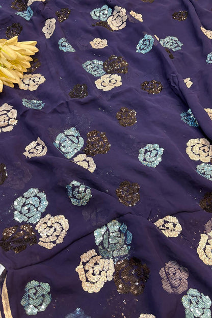 Blue Trendy Pure Georgette Full Sequins Work Saree - Luxurion World