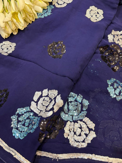 Blue Trendy Pure Georgette Full Sequins Work Saree - Luxurion World