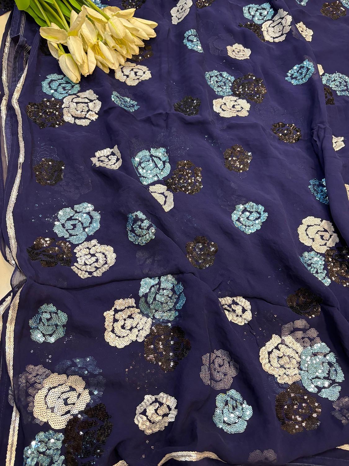 Blue Trendy Pure Georgette Full Sequins Work Saree - Luxurion World