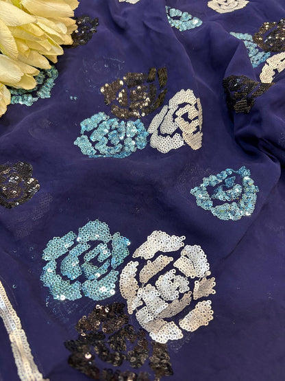 Blue Trendy Pure Georgette Full Sequins Work Saree - Luxurion World