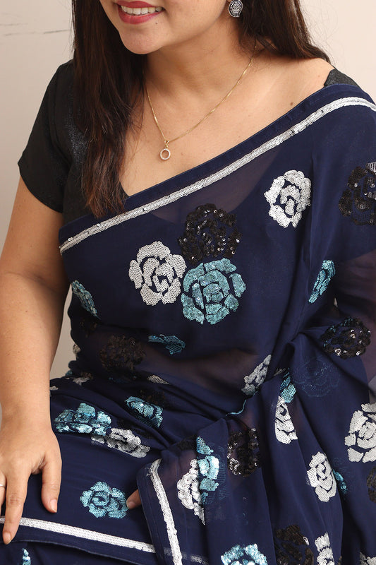 Blue Trendy Pure Georgette Full Sequins Work Saree - Luxurion World