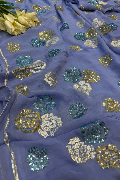 Blue Trendy Pure Georgette Full Sequins Work Saree - Luxurion World