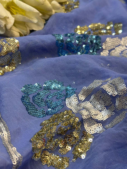 Blue Trendy Pure Georgette Full Sequins Work Saree - Luxurion World