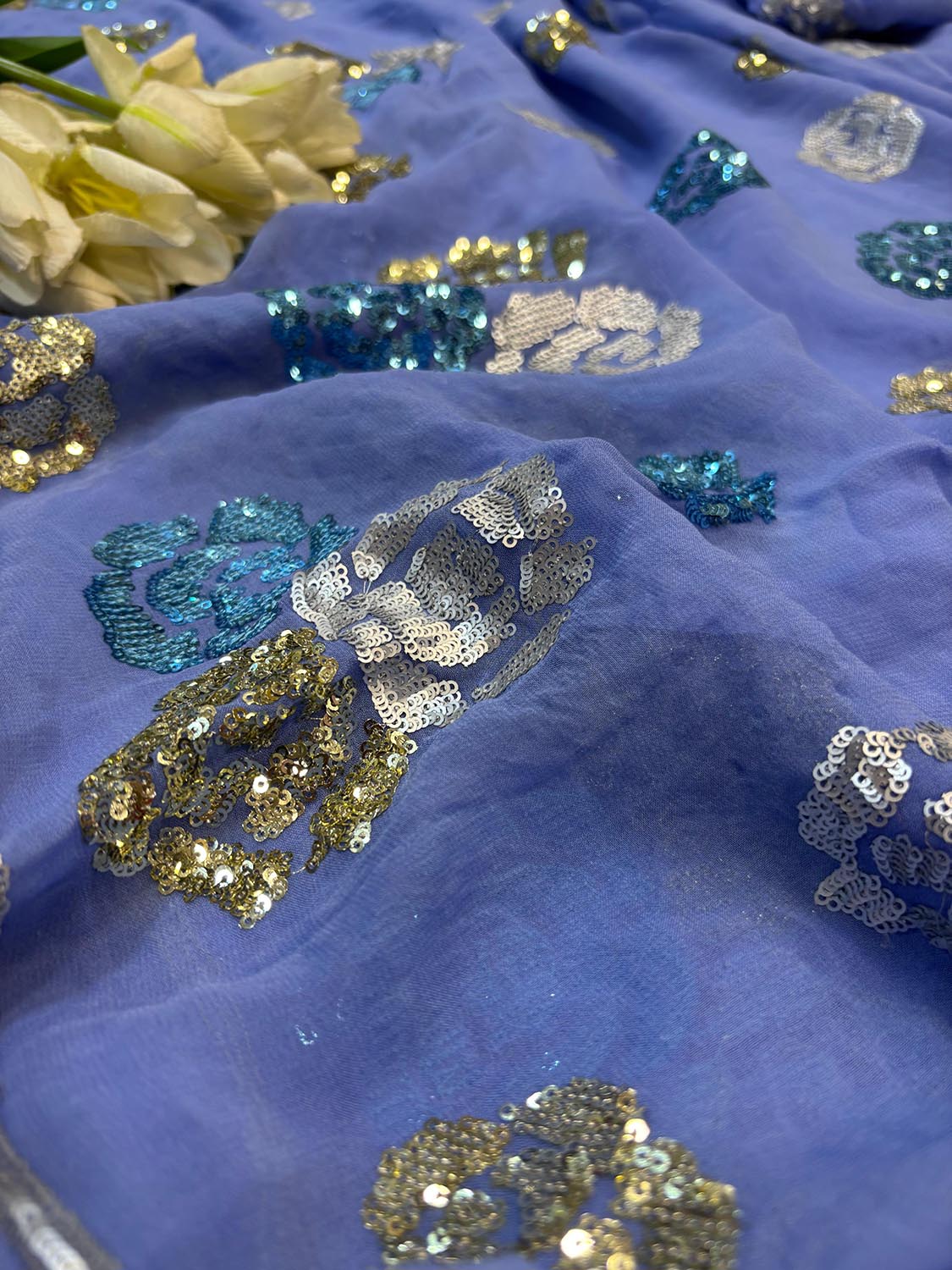 Blue Trendy Pure Georgette Full Sequins Work Saree - Luxurion World