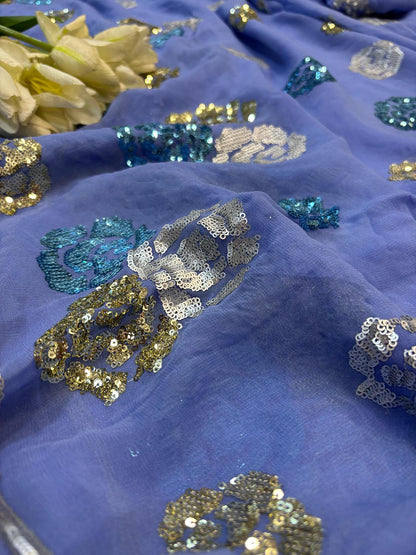 Blue Trendy Pure Georgette Full Sequins Work Saree - Luxurion World
