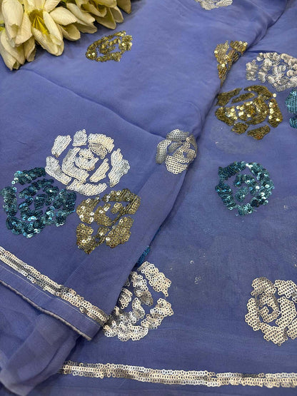 Blue Trendy Pure Georgette Full Sequins Work Saree - Luxurion World