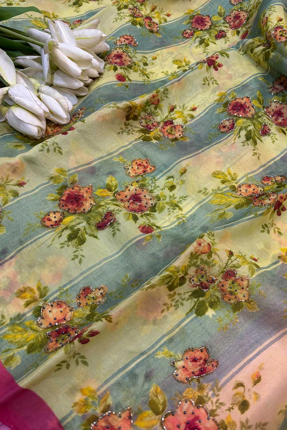 Multicolor Digital Printed Organza Saree With Hand Cutdana Work - Luxurion World