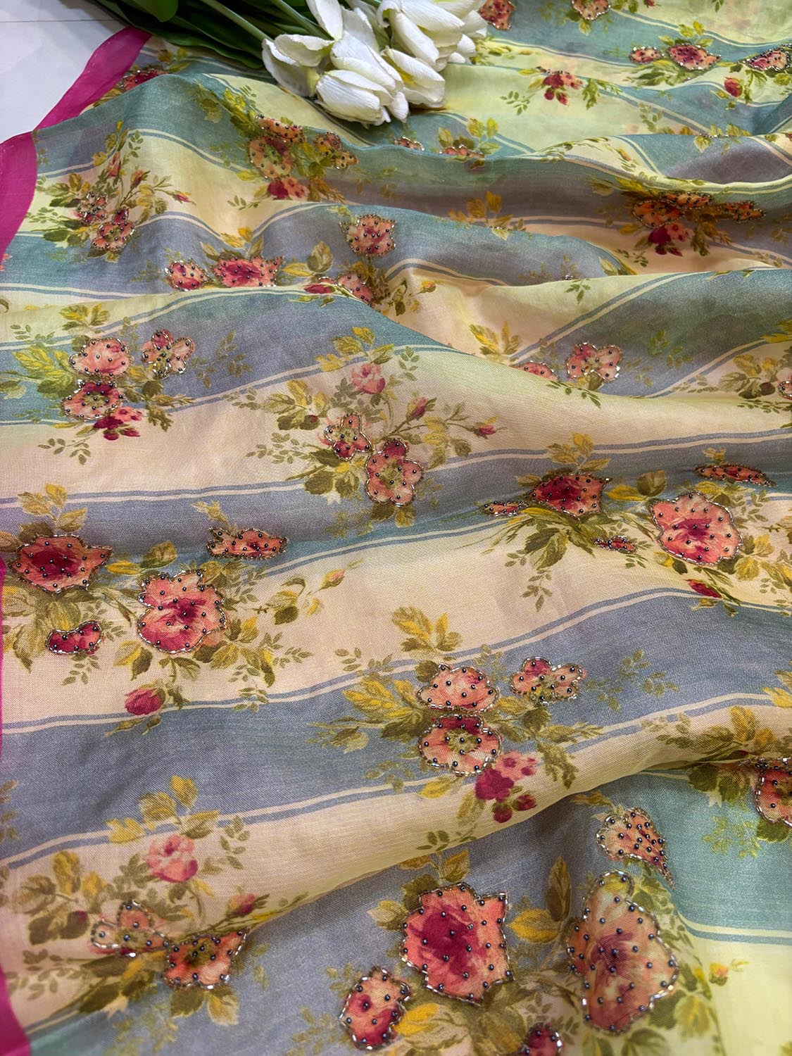 Multicolor Digital Printed Organza Saree With Hand Cutdana Work - Luxurion World