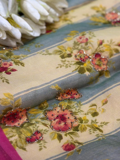 Multicolor Digital Printed Organza Saree With Hand Cutdana Work - Luxurion World