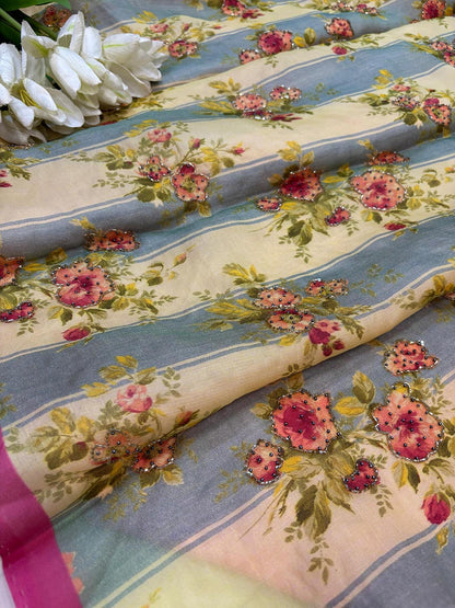 Multicolor Digital Printed Organza Saree With Hand Cutdana Work - Luxurion World