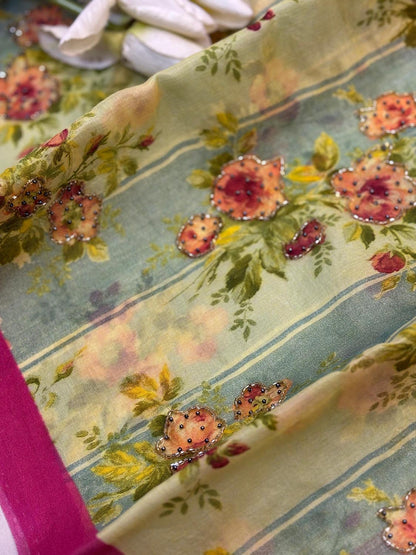 Multicolor Digital Printed Organza Saree With Hand Cutdana Work - Luxurion World