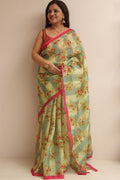 Multicolor Digital Printed Organza Saree With Hand Cutdana Work - Luxurion World