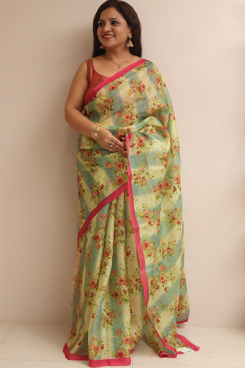 Multicolor Digital Printed Organza Saree With Hand Cutdana Work - Luxurion World