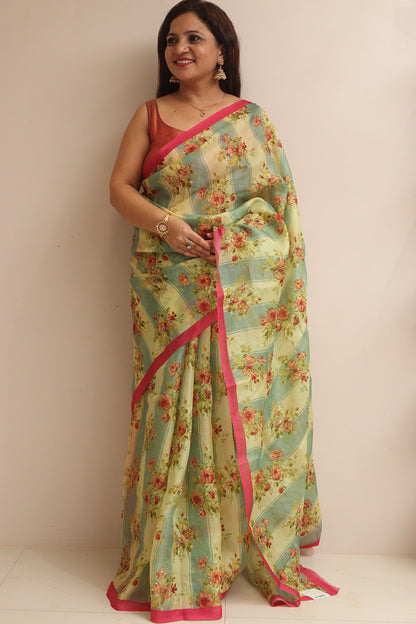 Multicolor Digital Printed Organza Saree With Hand Cutdana Work - Luxurion World