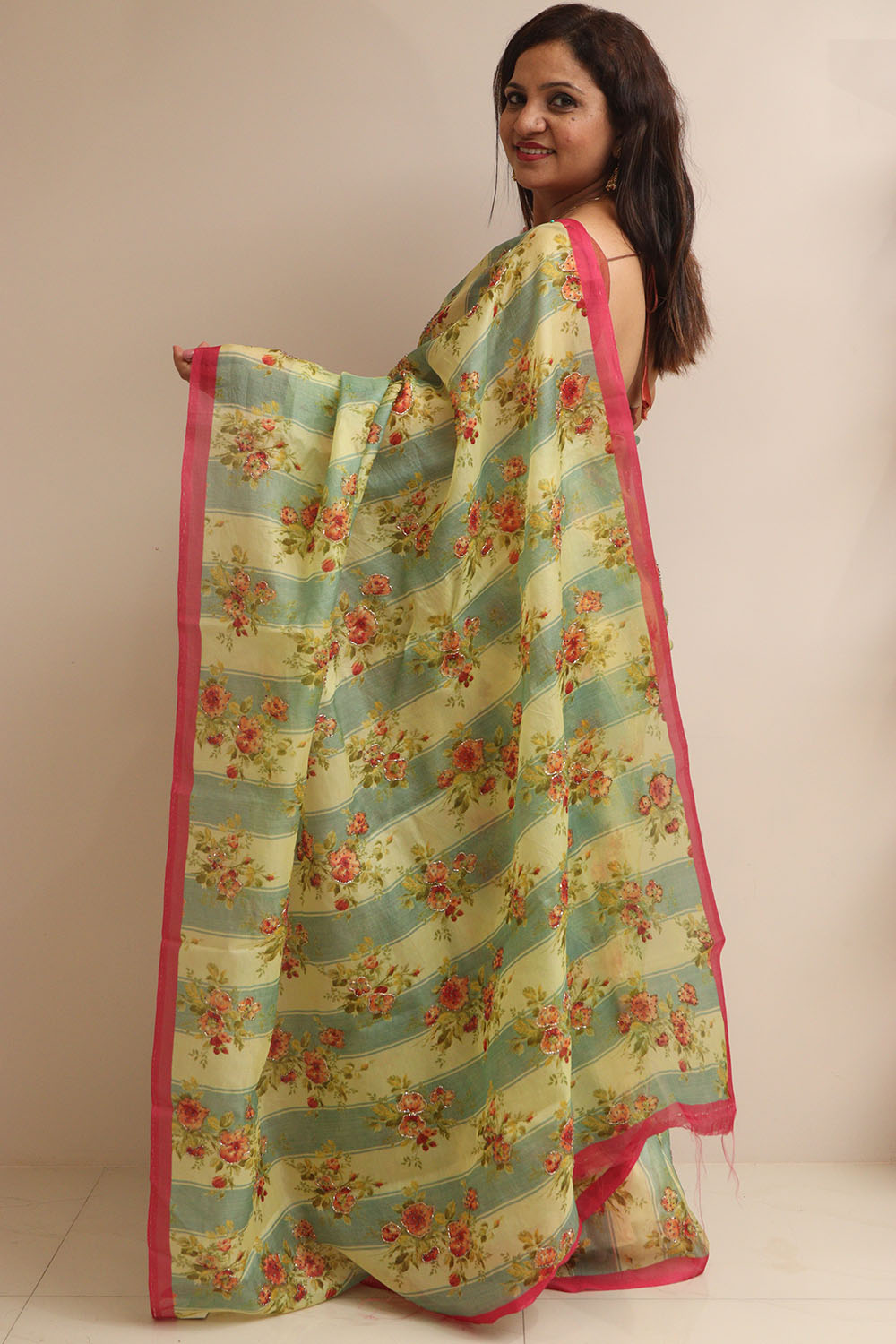 Multicolor Digital Printed Organza Saree With Hand Cutdana Work - Luxurion World