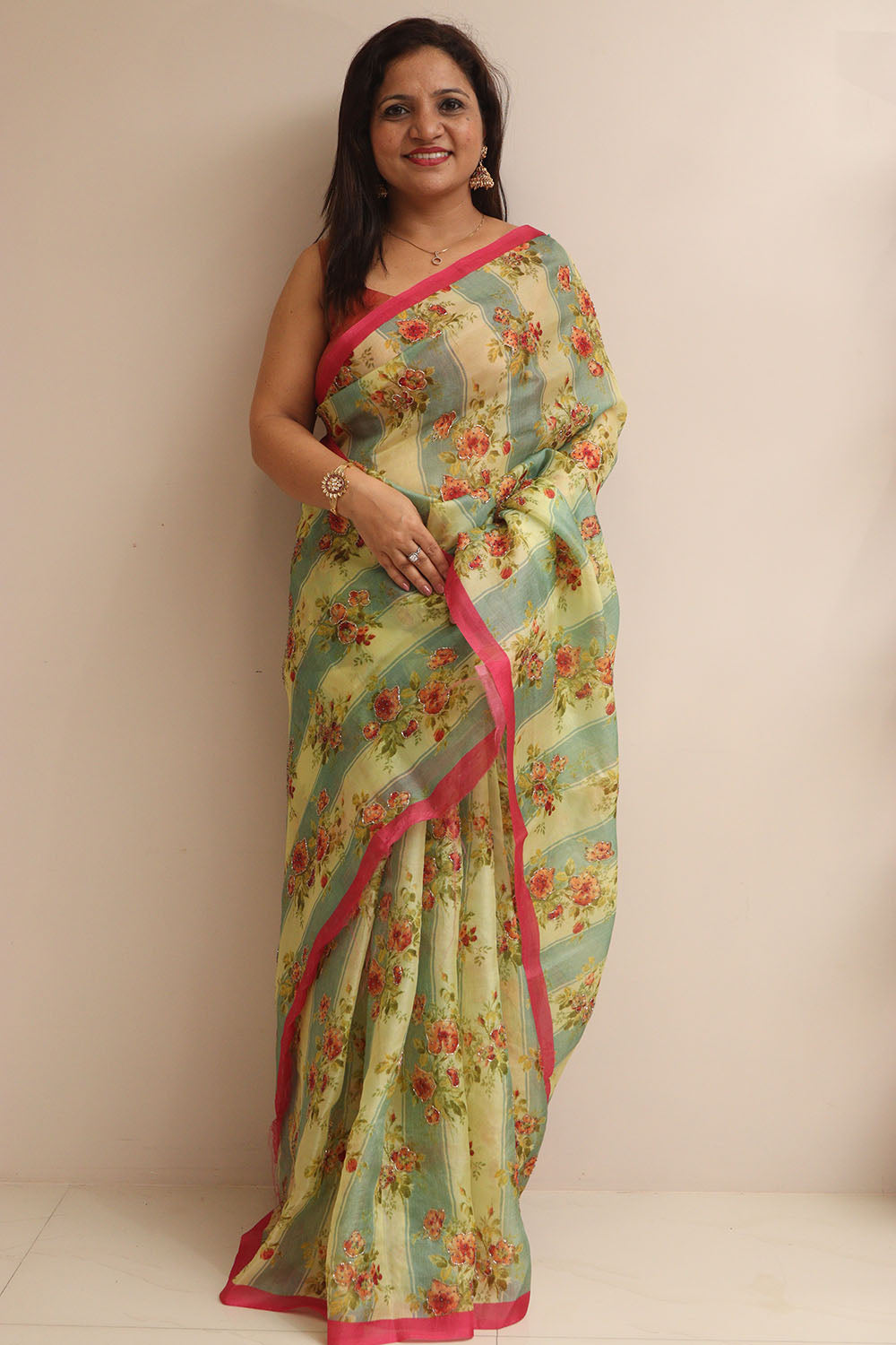 Multicolor Digital Printed Organza Saree With Hand Cutdana Work - Luxurion World