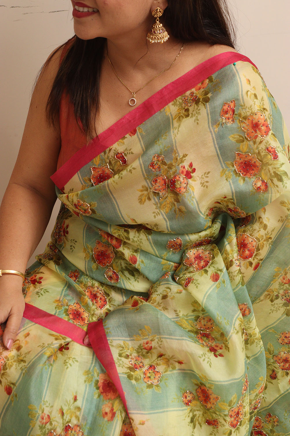 Multicolor Digital Printed Organza Saree With Hand Cutdana Work - Luxurion World