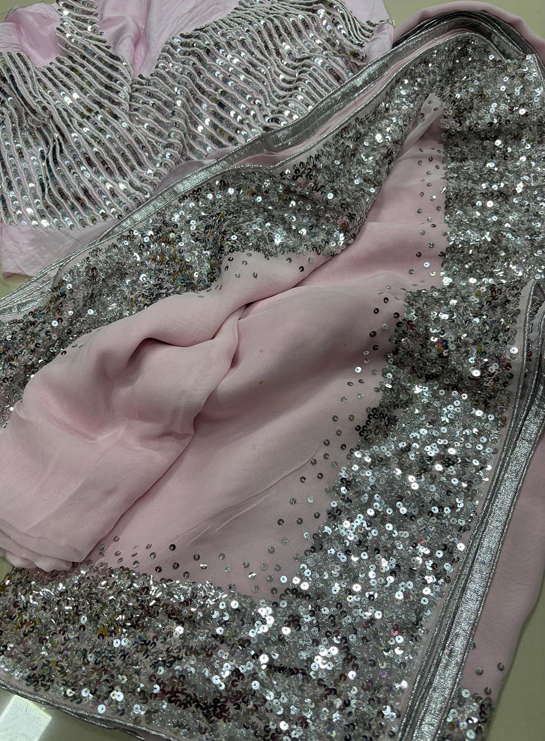 Pink Trendy Pure Georgette Sequins Work Saree - Luxurion World