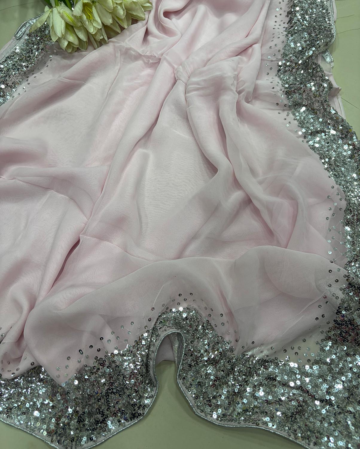 Pink Trendy Pure Georgette Sequins Work Saree - Luxurion World