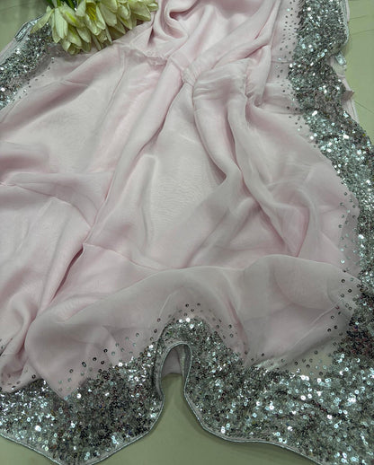 Pink Trendy Pure Georgette Sequins Work Saree - Luxurion World