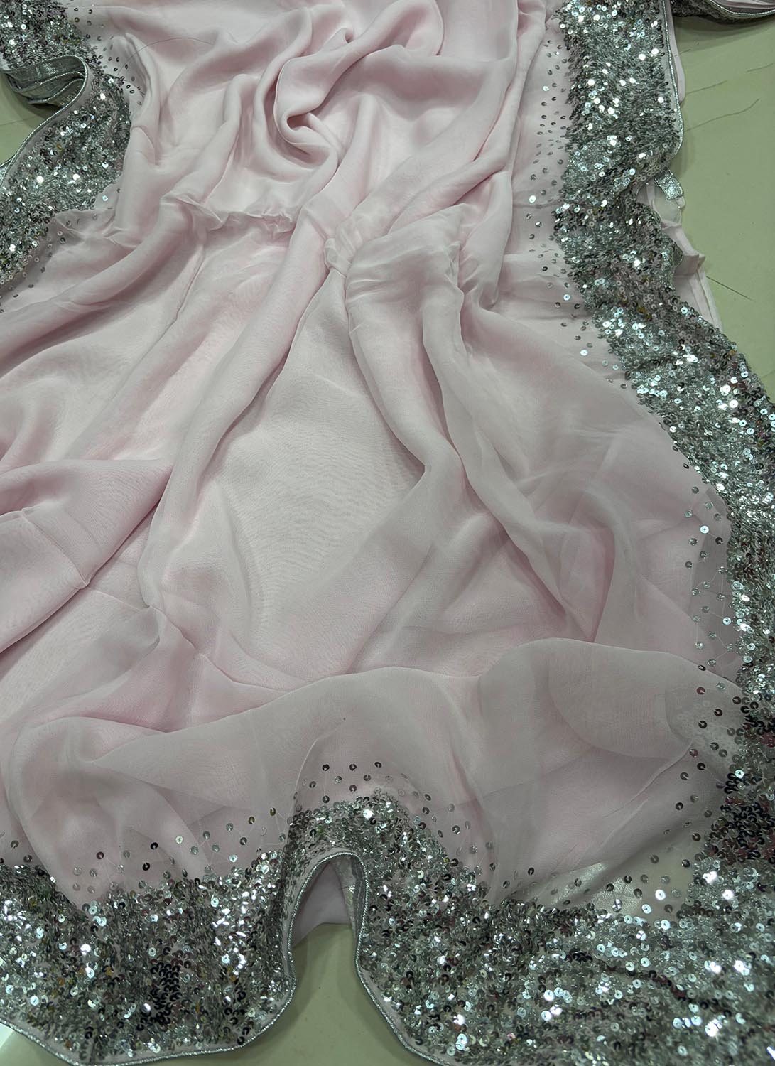 Pink Trendy Pure Georgette Sequins Work Saree - Luxurion World