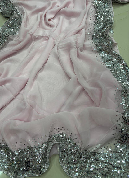 Pink Trendy Pure Georgette Sequins Work Saree - Luxurion World