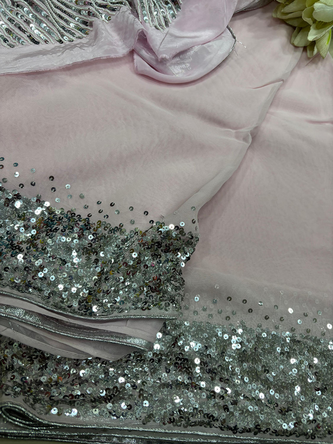 Pink Trendy Pure Georgette Sequins Work Saree - Luxurion World