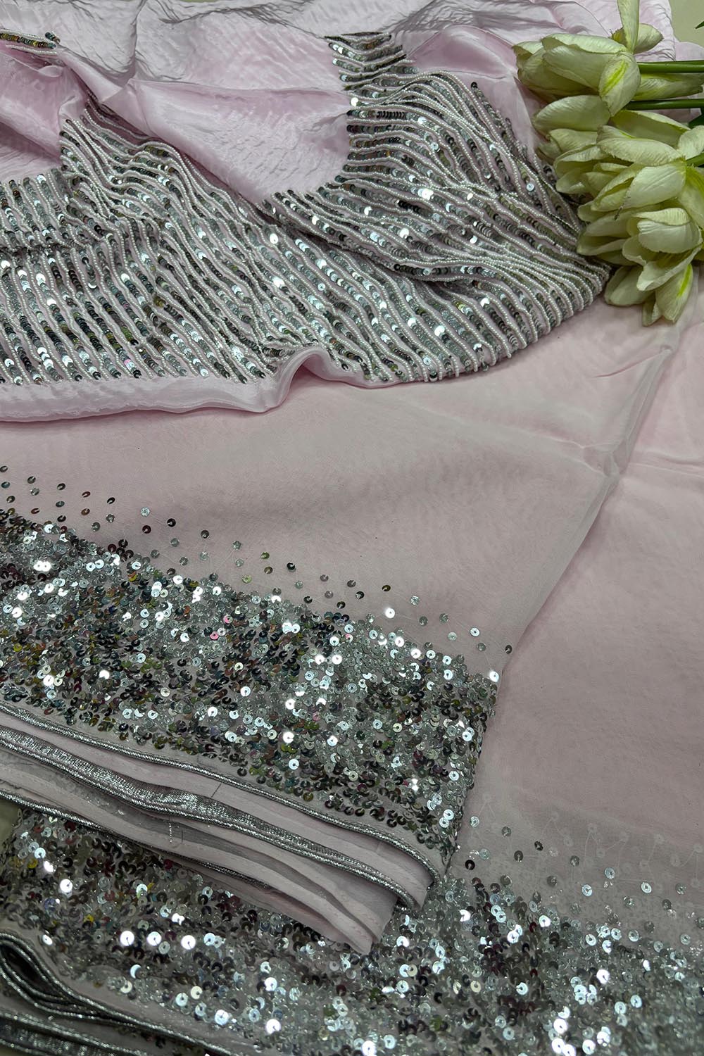 Pink Trendy Pure Georgette Sequins Work Saree - Luxurion World