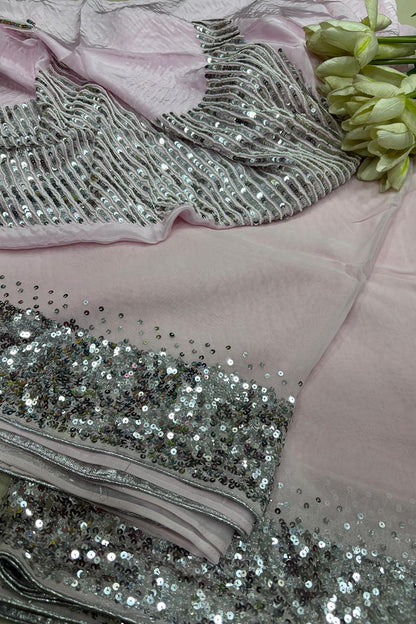 Pink Trendy Pure Georgette Sequins Work Saree - Luxurion World