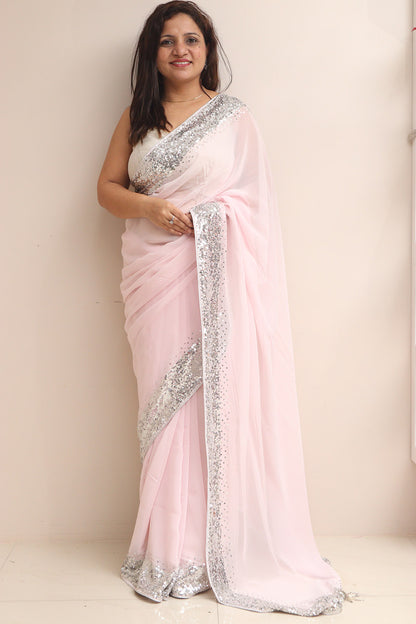 Pink Trendy Pure Georgette Sequins Work Saree - Luxurion World