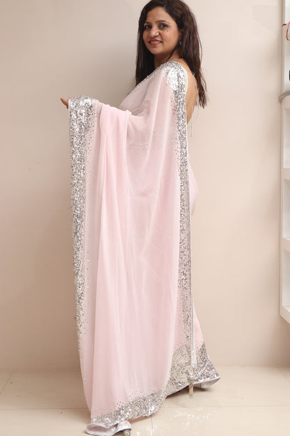 Pink Trendy Pure Georgette Sequins Work Saree - Luxurion World