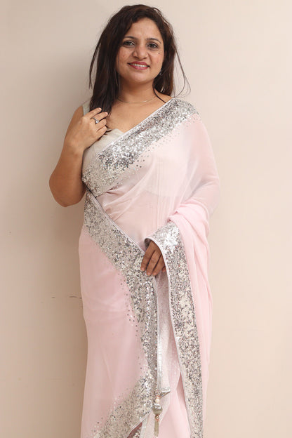 Pink Trendy Pure Georgette Sequins Work Saree - Luxurion World