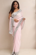 Pink Trendy Pure Georgette Sequins Work Saree - Luxurion World