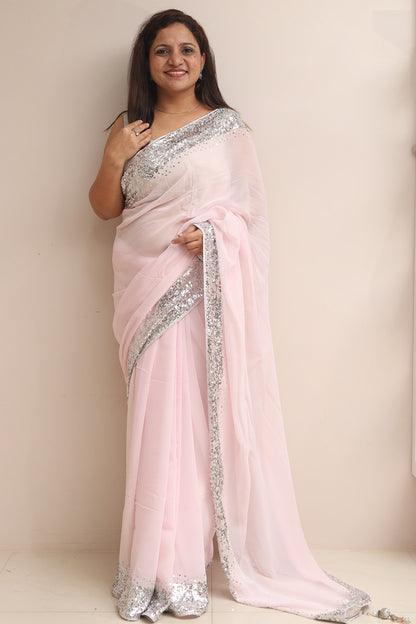 Pink Trendy Pure Georgette Sequins Work Saree - Luxurion World