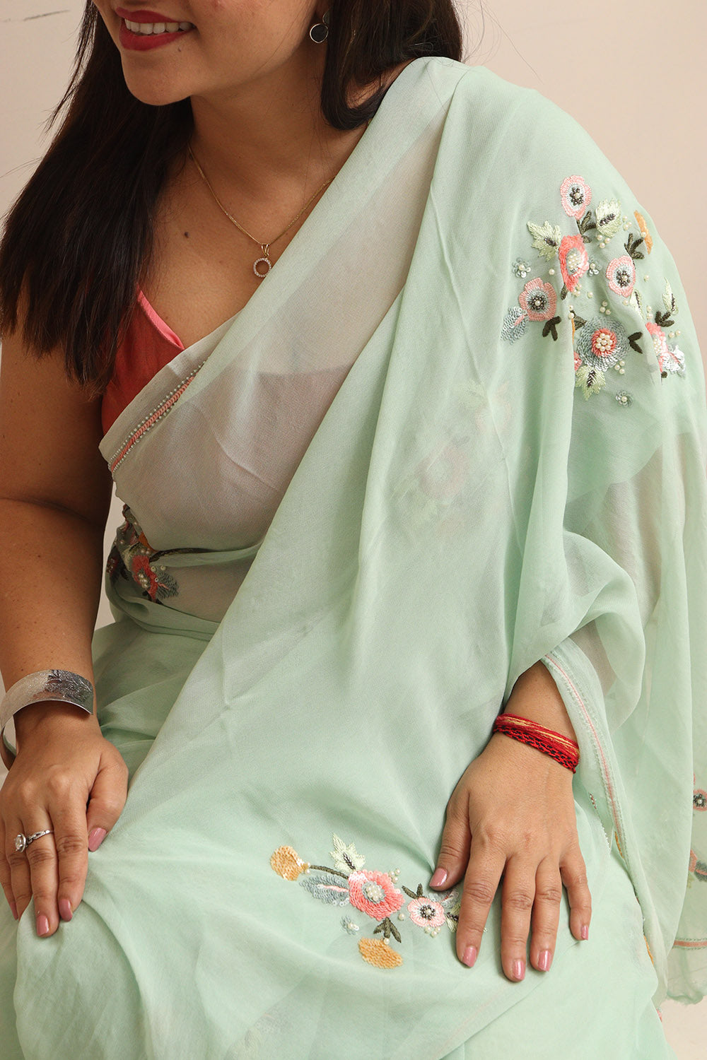 Sea Green Trendy Pure Georgette Sequins Work Saree - Luxurion World