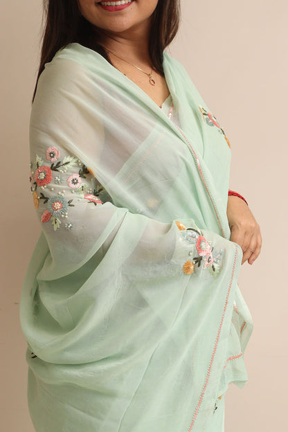 Sea Green Trendy Pure Georgette Sequins Work Saree - Luxurion World