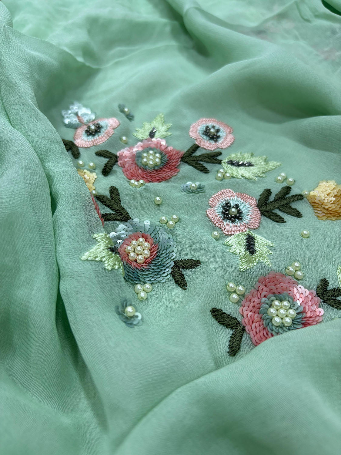 Sea Green Trendy Pure Georgette Sequins Work Saree - Luxurion World