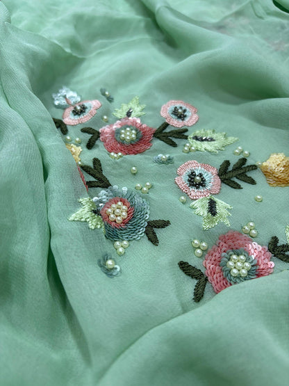 Sea Green Trendy Pure Georgette Sequins Work Saree - Luxurion World