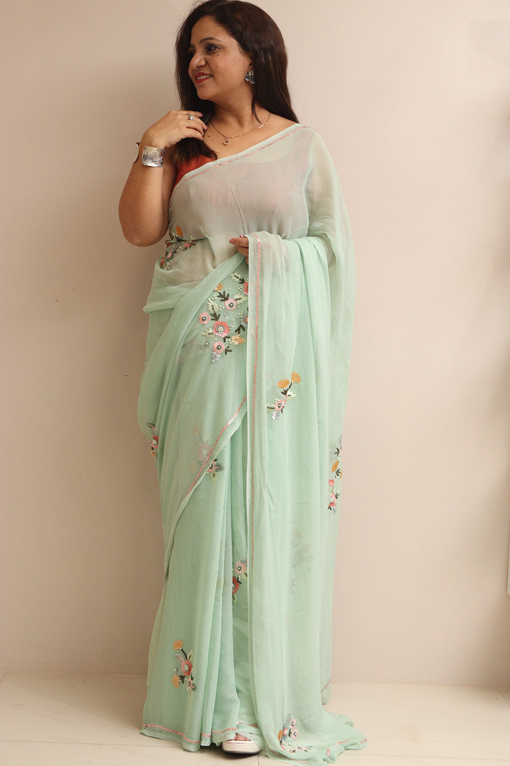 Sea Green Trendy Pure Georgette Sequins Work Saree - Luxurion World